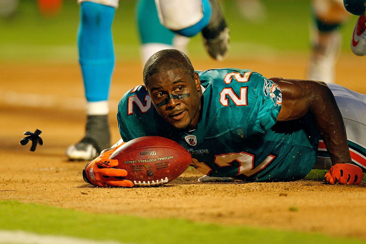 MIAMI GARDENS, FL - AUGUST 19:  Reggie Bush #22 of the Miami Dolphins loses his helmet during a Preseason NFL game against the Carolina Panthers at Sun Life Stadium on August 19, 2011 in Miami Gardens, Florida.  (Photo by Mike Ehrmann/Getty Images)