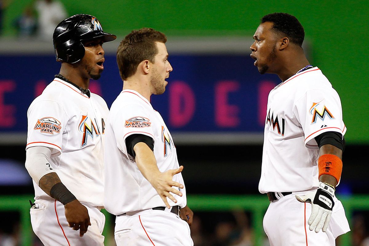 MIAMI, FL - APRIL 28:  Hanley Ramirez #2 of the Miami Marlins celebrates after hitting the game-winning home run during a game against the Arizona Diamondbacks at Marlins Park on April 28, 2012 in Miami, Florida.  (Photo by Sarah Glenn/Getty Images)