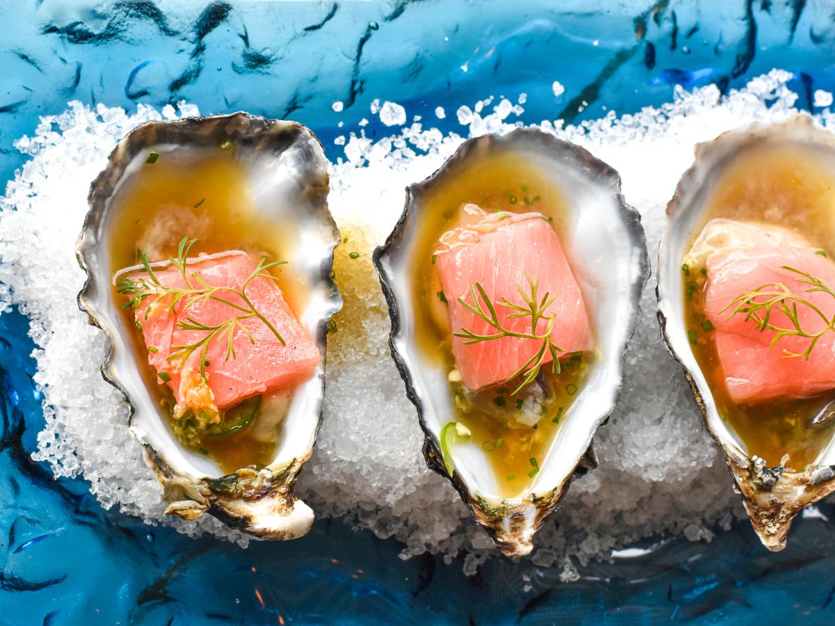 From above, three oysters topped with slices of tuna and sauce, on a bed of salt on an abstract background