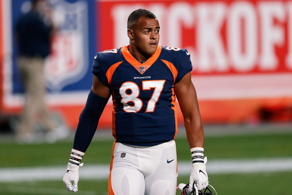 Broncos tight end Noah Fant (87) before the game against the Tennessee Titans at Empower Field at Mile High.