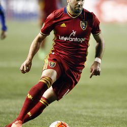 Real Salt Lake's Yura Movsisyan dribbles the ball downfield in the second leg of a CONCACAF Champions League quarterfinals match against the Mexican club Tigres of Monterrey at Rio Tinto Stadium in Sandy, Wednesday, March 2, 2016. Tigres won 3-1 on aggregate.