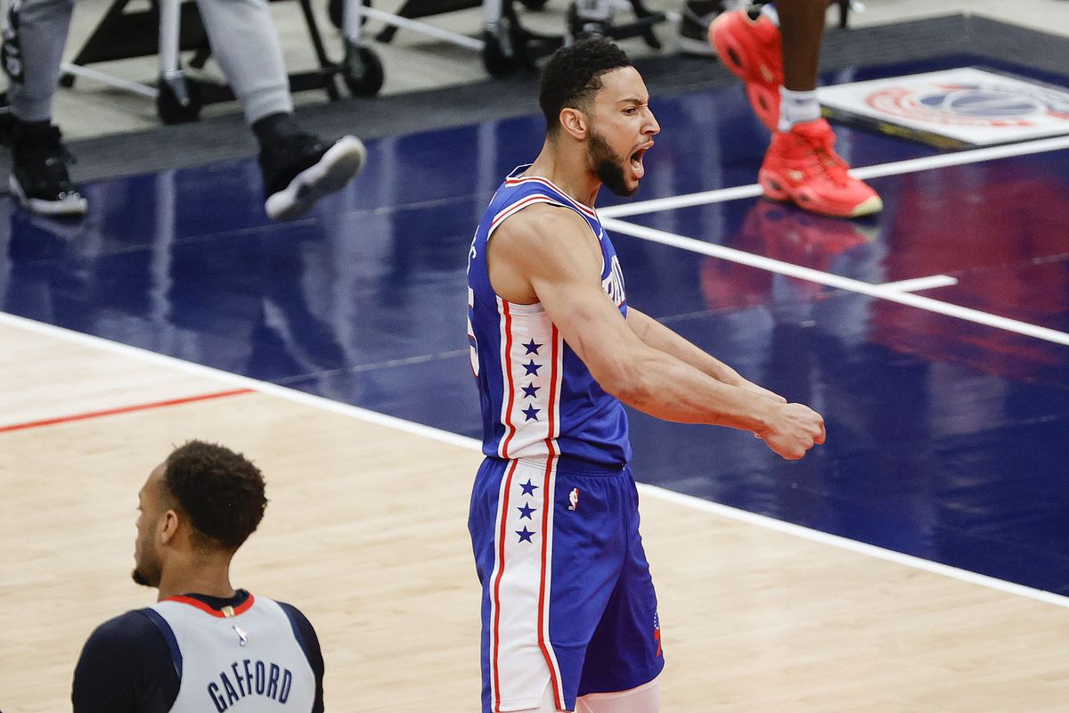 Ben Simmons of the Philadelphia 76ers celebrates during the first quarter against the Washington Wizards during Game Four of the Eastern Conference first round series at Capital One Arena on May 31, 2021 in Washington, DC.