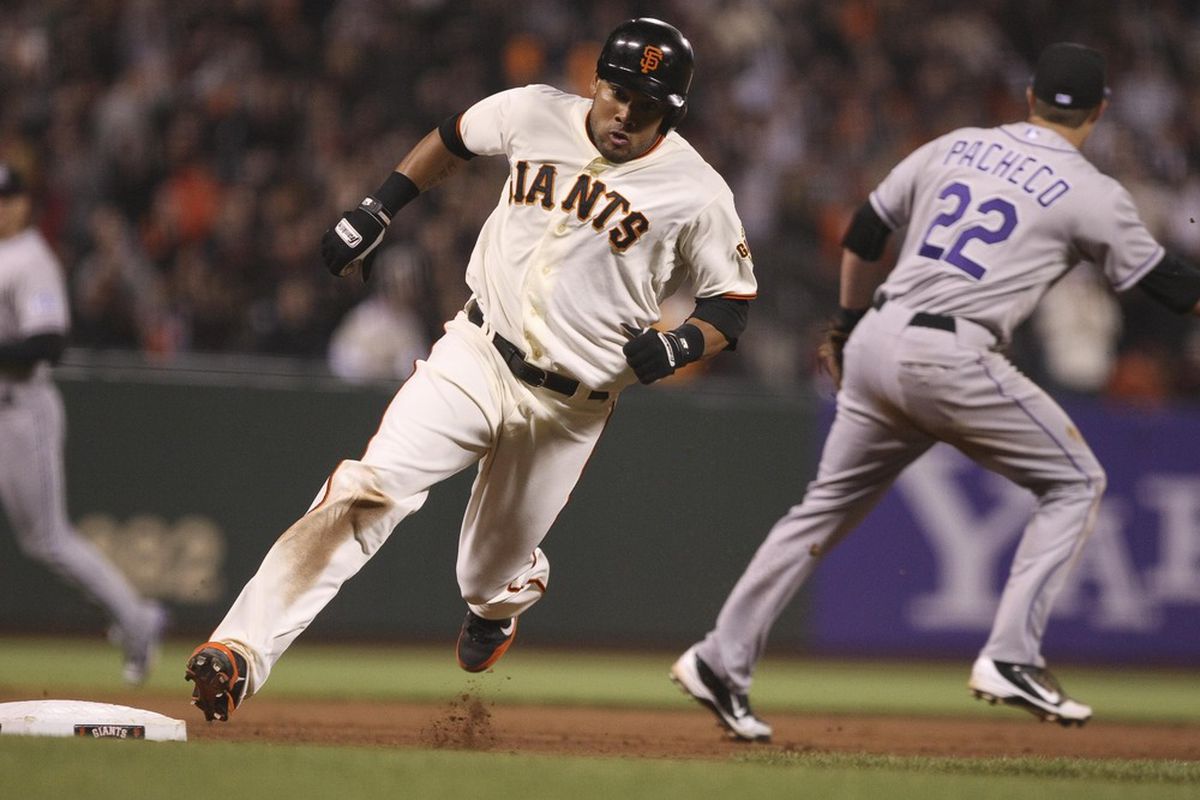 May 15, 2012; San Francisco, CA, USA; San Francisco Giants left fielder Melky Cabrera (53) rounds third base for a score against the Colorado Rockies during the seventh inning at AT&T Park. Mandatory Credit: Kelley L Cox-US PRESSWIRE