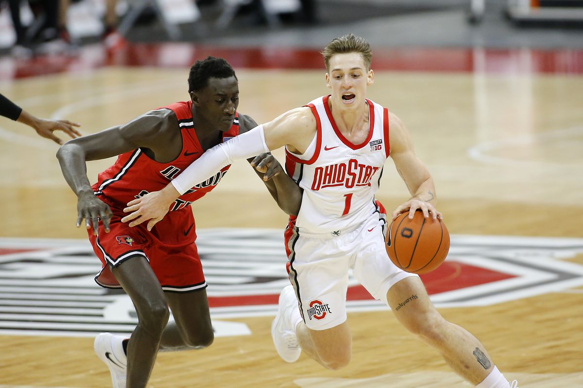 Ohio State Buckeyes guard Jimmy Sotos dribbles as Illinois State Redbirds guard Howard Fleming Jr. defends during the second half at Value City Arena.