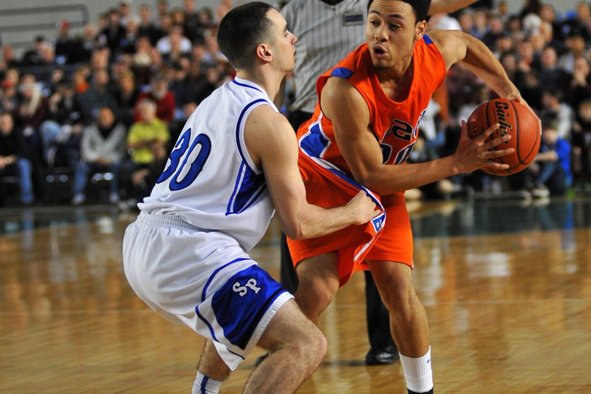 March 3, 2012; Tacoma, Washington; Marquis Davis (Rainier Beach HS), right is one of the top point guards in the state of Washington. Mandatory Credit: Jamie Corpus 