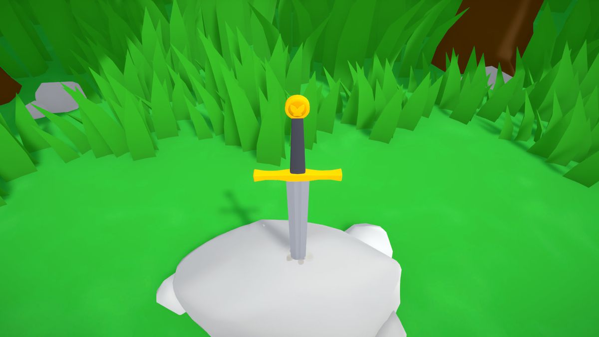A sword is waiting to be pulled from a cartoon stone in The one who draws the sword is crowned king.