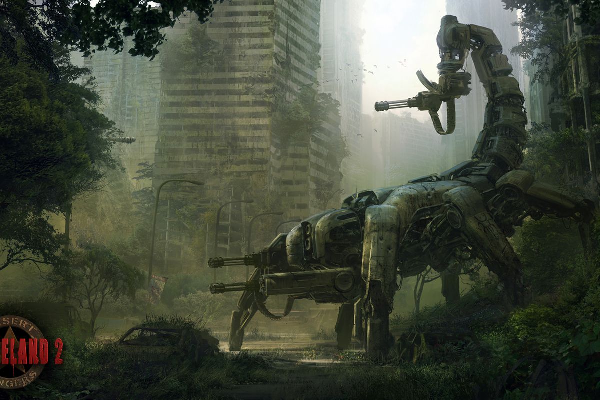 silhouette of a scorpion-looking robot in a ruined cityscape in Wasteland 2