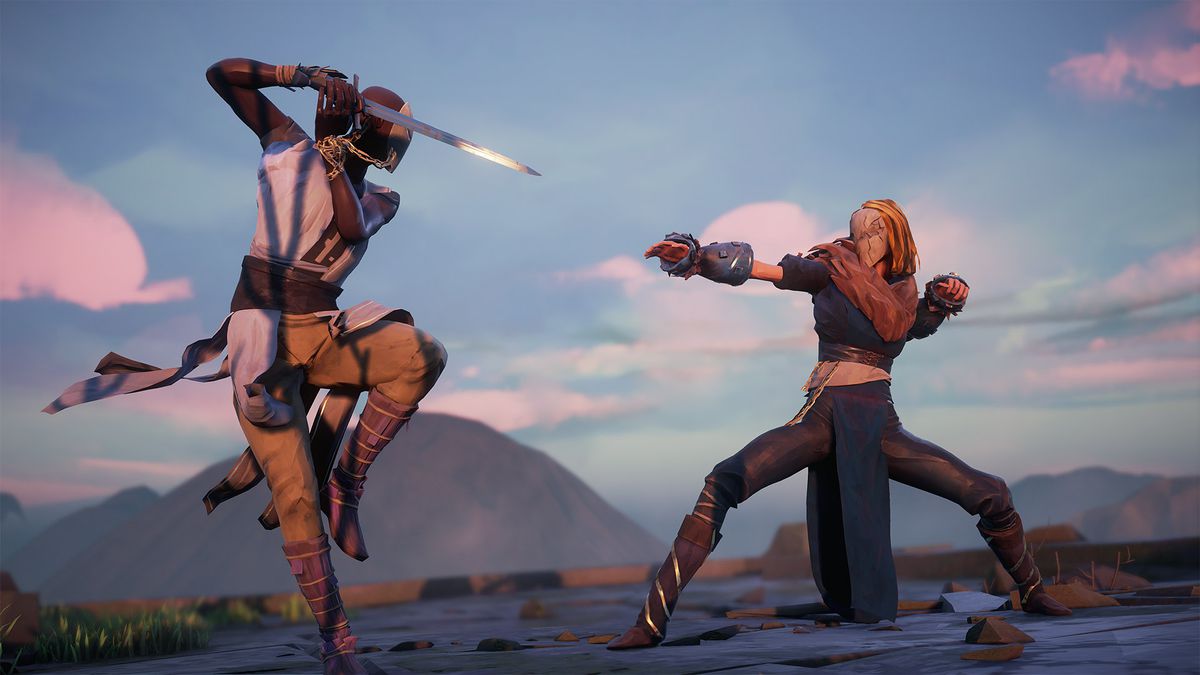 In these screenshot from Absolver, two characters are facing off in some ruins. The character on the left is holding a sword and has a single leg perched up as though ready to strike. The character on the right is standing bow-legged with one arm forward 