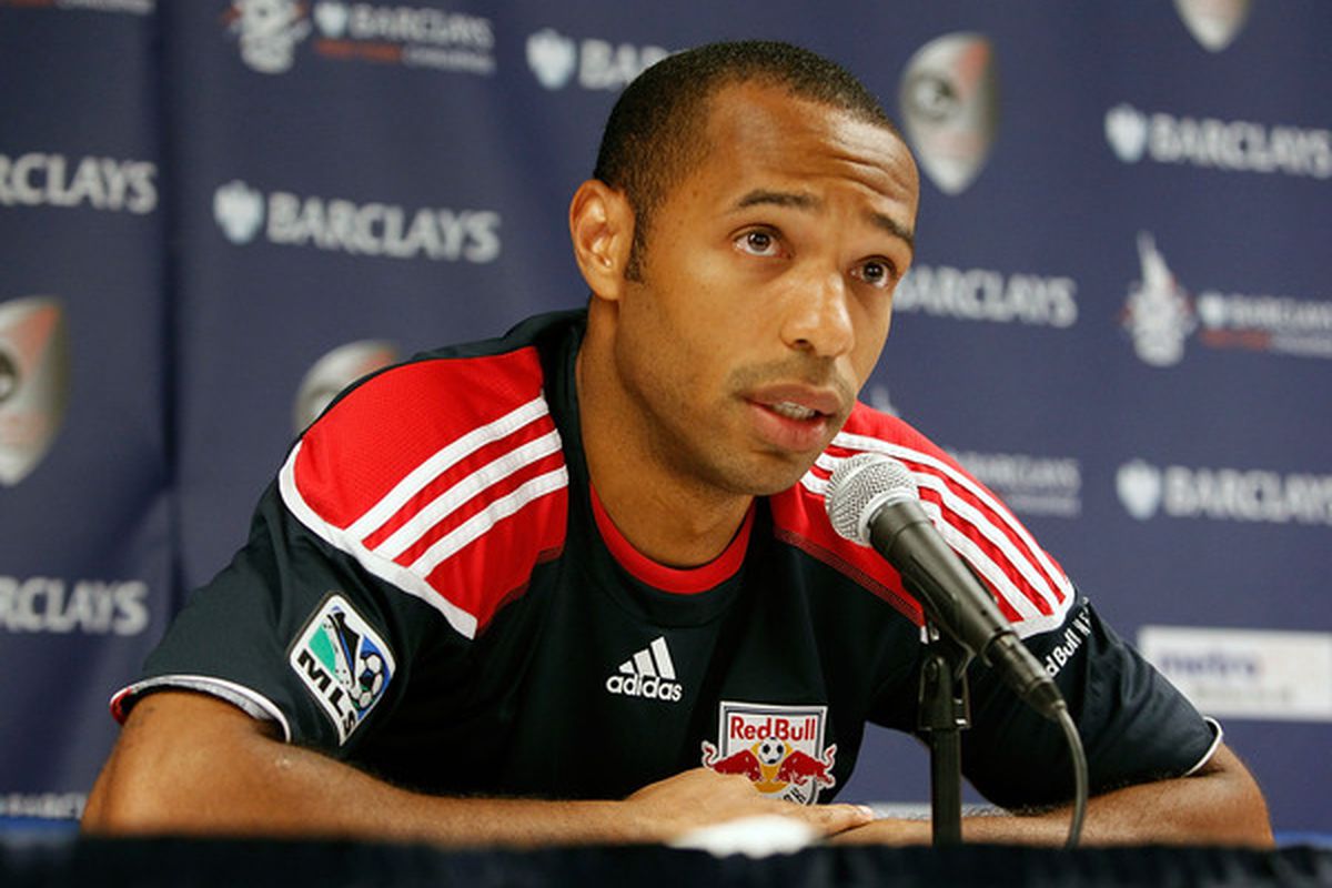 HARRISON NJ - JULY 22:  Thierry Henry #14 of the New York Red Bulls speaks to the media after defeating the Tottenham Hotspur 2-1 on July 22 2010 at Red Bull Arena in Harrison New Jersey.  (Photo by Mike Stobe/Getty Images for New York Red Bulls)