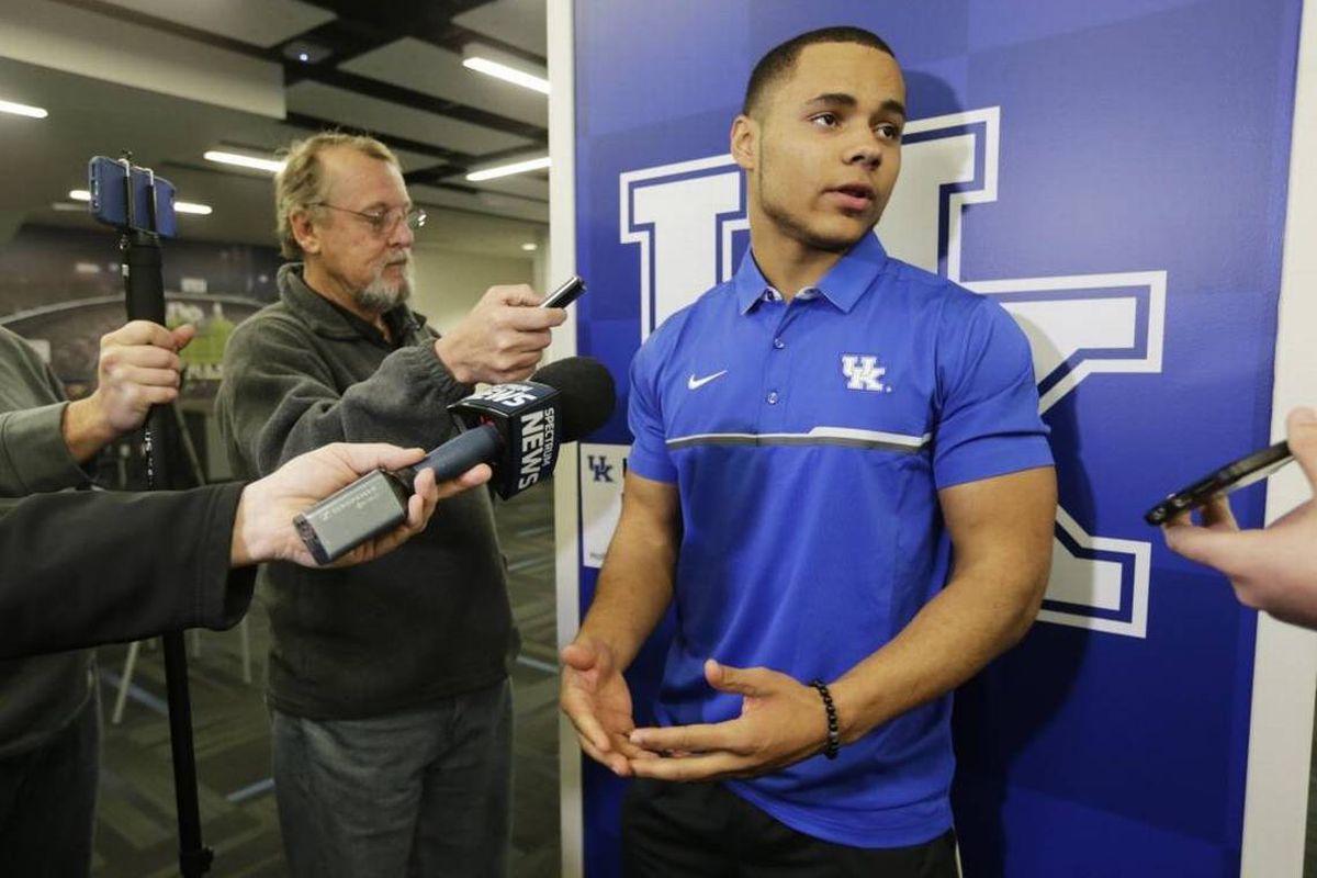 Running back Bryant Koback took questions from the media at Commonwealth Stadium in Lexington on Jan. 27.