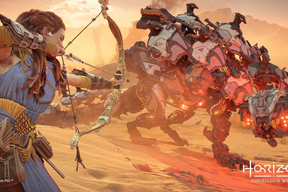Aloy aims her bow at a Rollerback creature in desert environment in a screenshot from Horizon Forbidden West