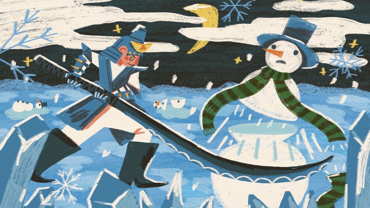 An original illustration shows a warrior fighting a snowman