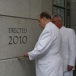 President Thomas S. Monson applies mortar to the cornerstone of the Vancouver British Columbia Temple on Sunday, May 2, 2010.