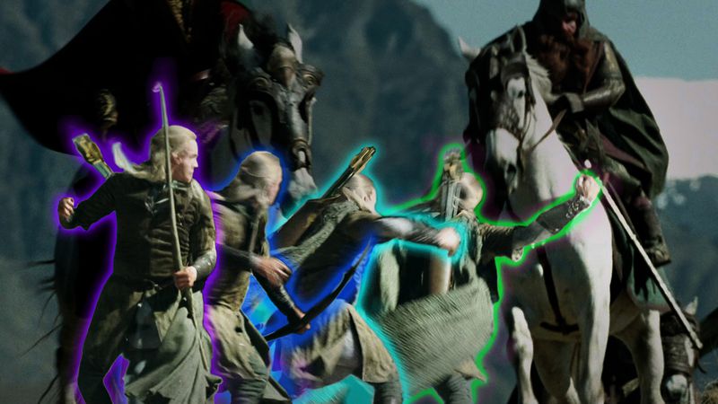 The different stages of Legolas as he climbs on to a horse in the most difficult and frantic way possible