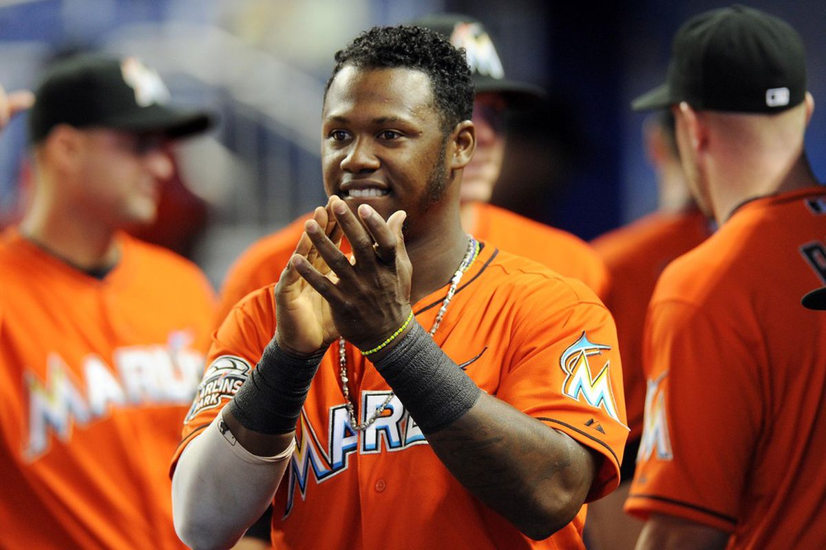 April 19, 2012; Miami, FL, USA; Miami Marlins third baseman Hanley Ramirez (2) during the first inning against the Chicago Cubs at Marlins Park. Mandatory Credit: Steve Mitchell-US PRESSWIRE
