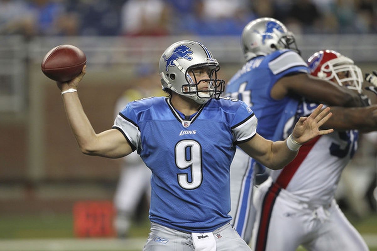 DETROIT - SEPTEMBER 02:  Matthew Stafford #9 of the Detroit Lions drops back to pass in the first quarter of the preseason game against the Buffalo Bills at Ford Field on September 2 2010 in Detroit Michigan.  (Photo by Leon Halip/Getty Images)