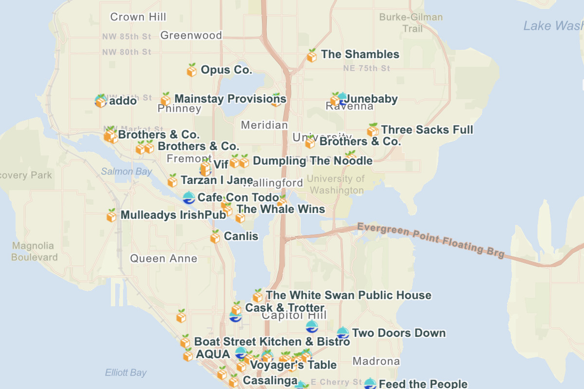A map of Seattle with points showing restaurants in the areas offering CSAs, take-home meal kits, and community kitchens