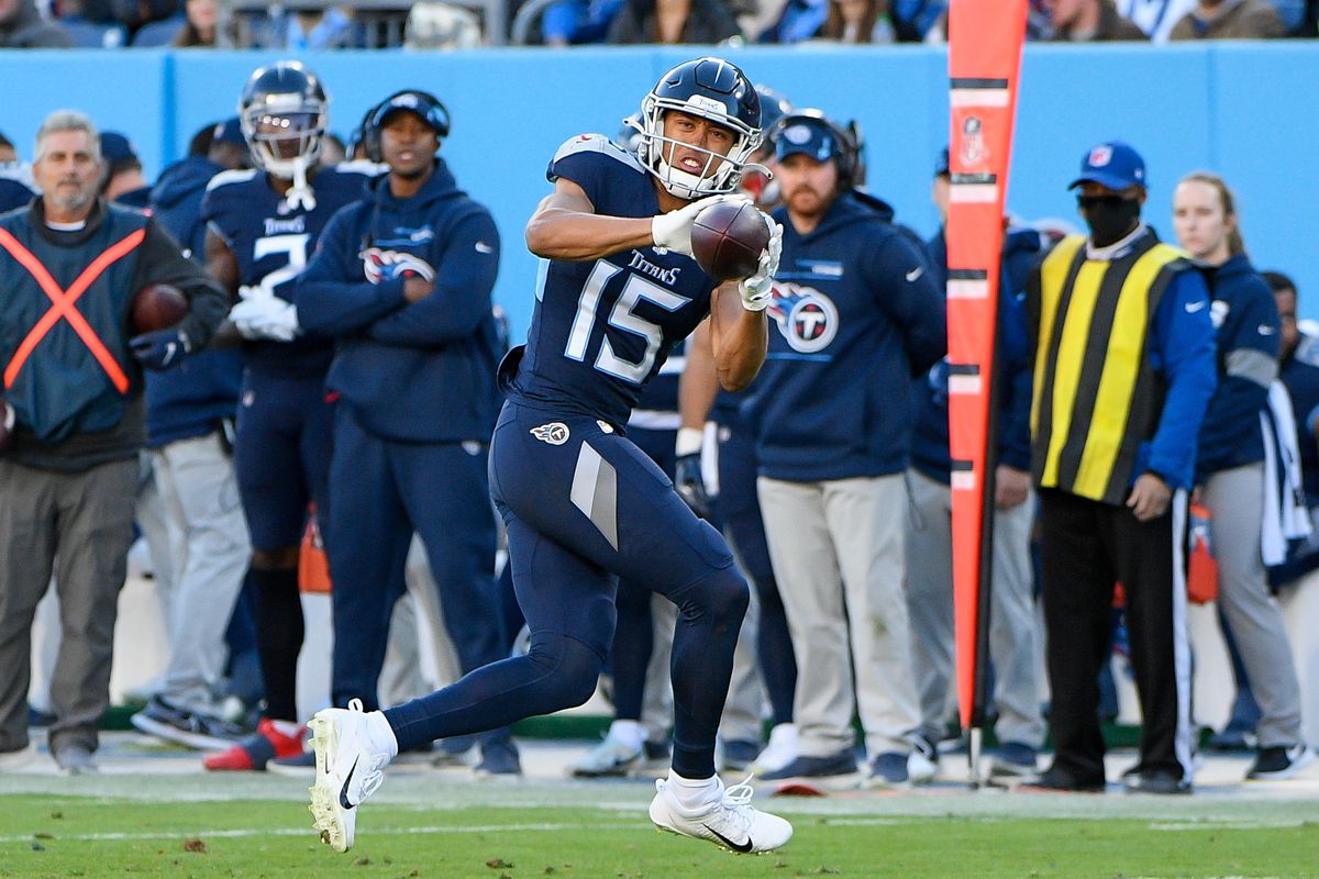 Tennessee Titans wide receiver Nick Westbrook-Ikhine (15) makes a catch against the Jacksonville Jaguars during the second half at Nissan Stadium.
