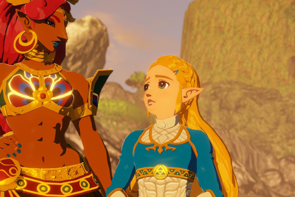 Zelda looks up to Urbosa of the Gerudo in a screenshot from Hyrule Warriors: Age of Calamity