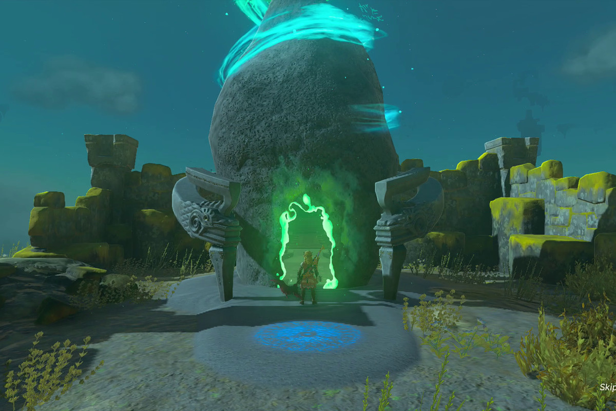 Link stands in front of the opening of Simosiwak Shrine, located on Bravery Island, one of the sky islands in Tears of the Kingdom
