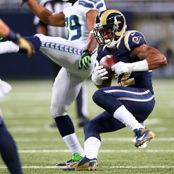 St. Louis Rams cornerback Trumaine Johnson (22) catches for an interception against the Seattle Seahawks during the second half at Edward Jones Dome. 