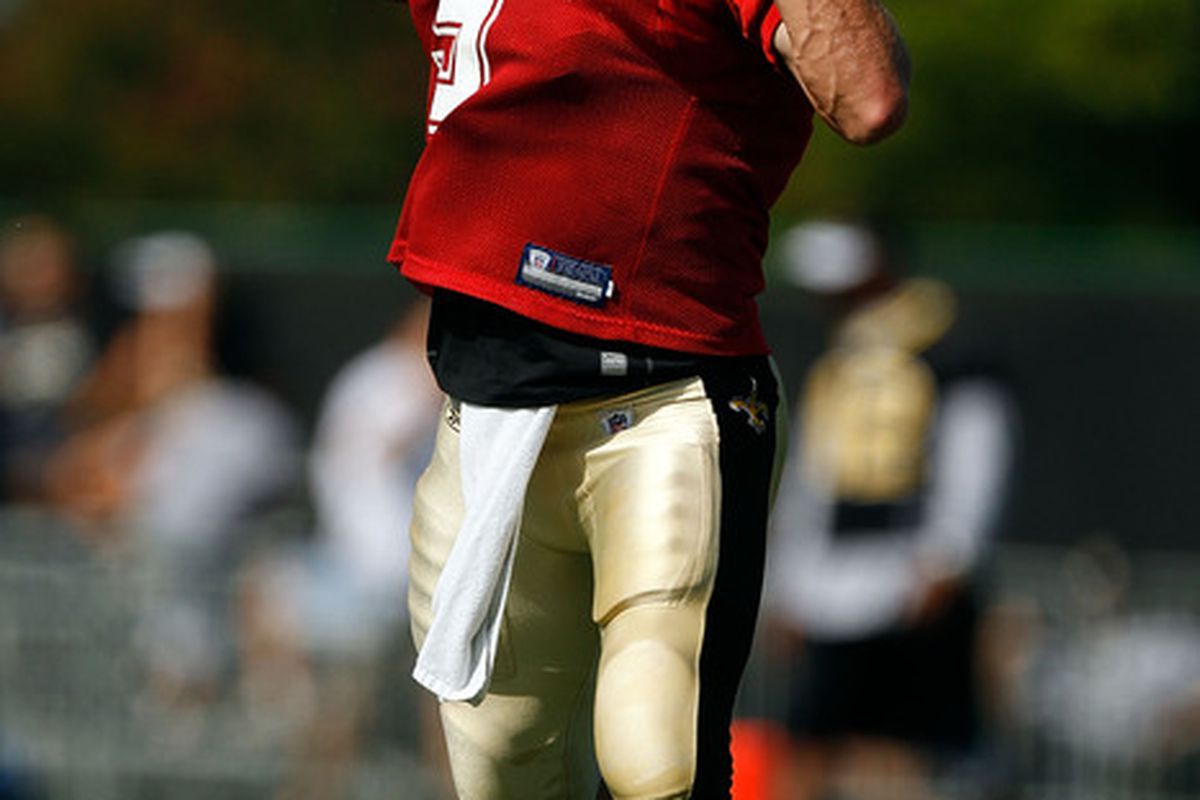 METAIRIE LA - JULY 30:  Drew Brees #9 of the New Orleans Saints during the first day of Training Camp on July 30 2010 in Metairie Louisiana.  (Photo by Chris Graythen/Getty Images)