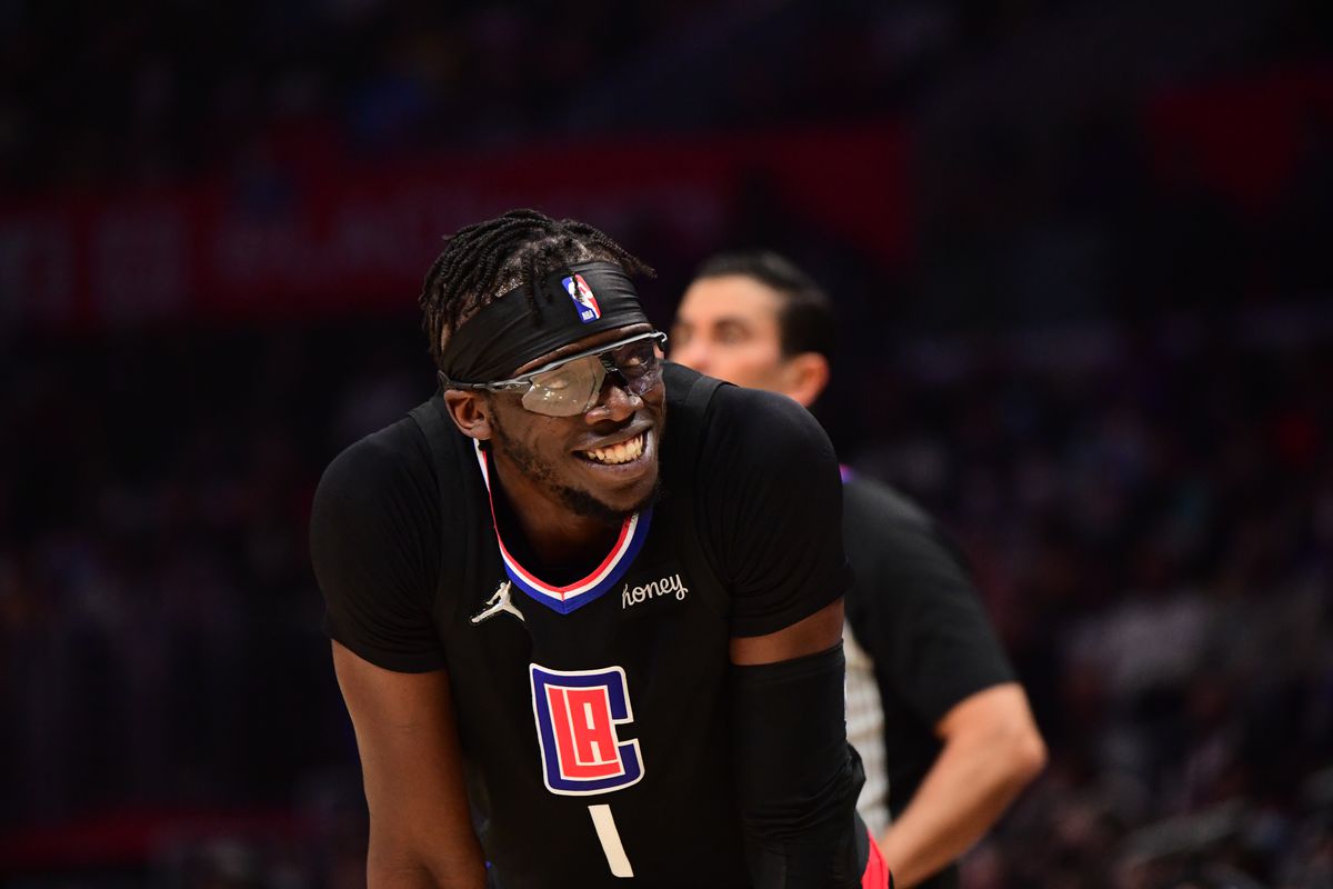 Reggie Jackson #1 of the LA Clippers smiles during the game against the Los Angeles Lakers on February 3, 2022 at Crypto.Com Arena in Los Angeles, California.&nbsp;