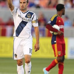 Los Angeles Galaxy midfielder Landon Donovan (10) waves to the crowd after scoring against Real Salt Lake during an MLS game in Sandy Saturday, June 8, 2013. RSL beat L.A. 3-1.