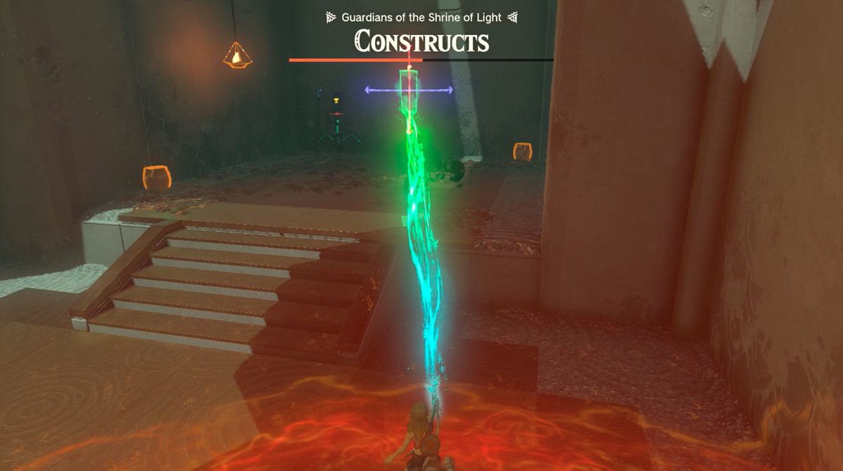 Link drops a torch on dry leaves in the Otak Shrine 'Proving Grounds: Traps' quest in Zelda: Tears of the Kingdom