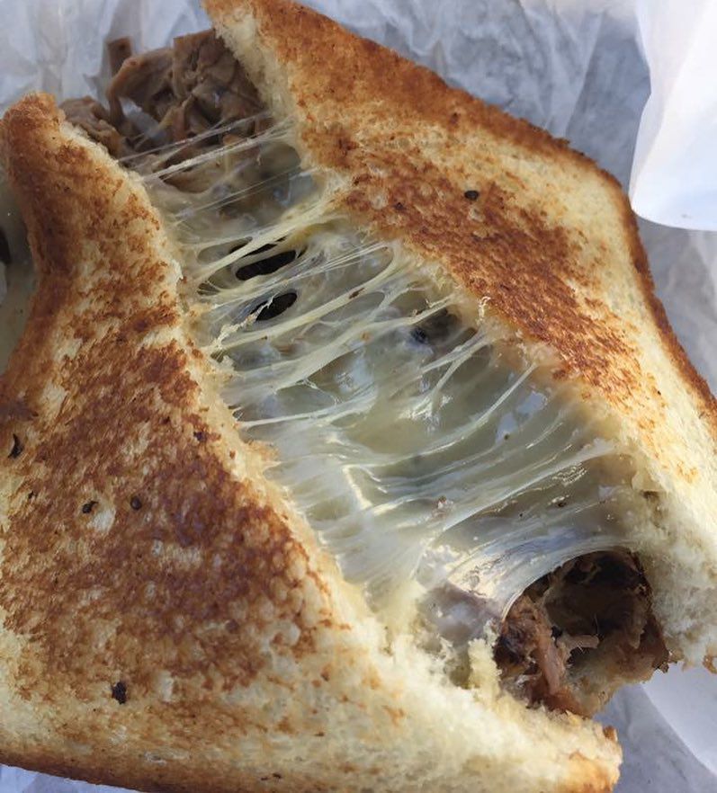 The brisket grilled cheese sandwich from Brotherton’s Black Iron Barbecue