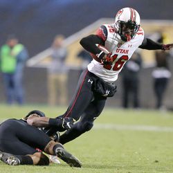 Utah Utes wide receiver Cory Butler-Byrd (16) gets tackled by Colorado Buffaloes defensive back Tedric Thompson during the first half of a football game at Folsom Field in Boulder, Colo., on Saturday, Nov. 26, 2016.