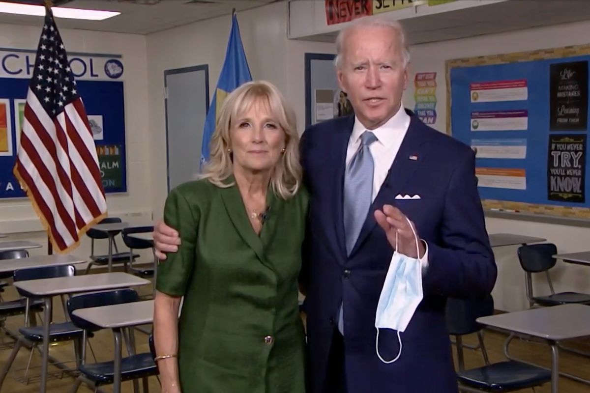 Joe Biden and Jill Biden appear in Jill Biden’s old high school classroom.