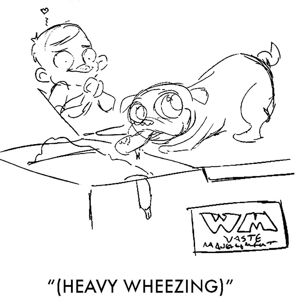 A sketchy early drawing of the pug Monchi, eating something out of a dumpster while a boy behind him watches him adoringly. Below, a caption reads “(HEAVY WHEEZING)”