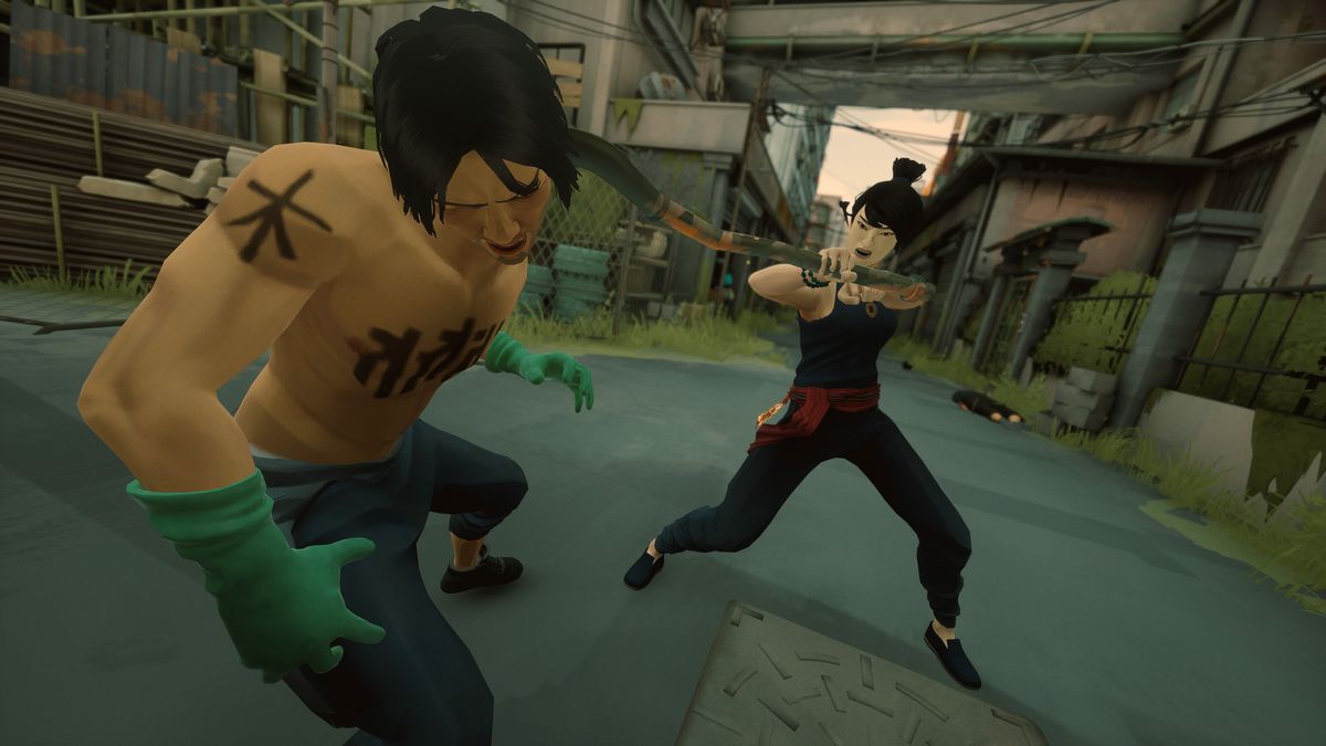 In an overgrown industrial alley in Sifu, a young martial artist cracks a shirtless man across the face with a length of metal pipe.