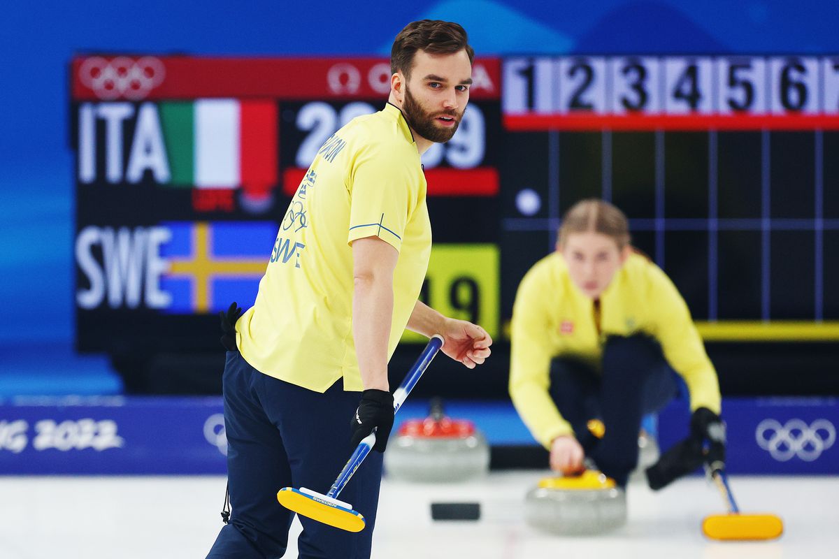 Oskar Eriksson of Team Sweden competes against Team Italy during the Mixed Doubles Semi-final on Day 3 of the Beijing 2022 Winter Olympics at National Aquatics Centre on February 07, 2022 in Beijing, China.