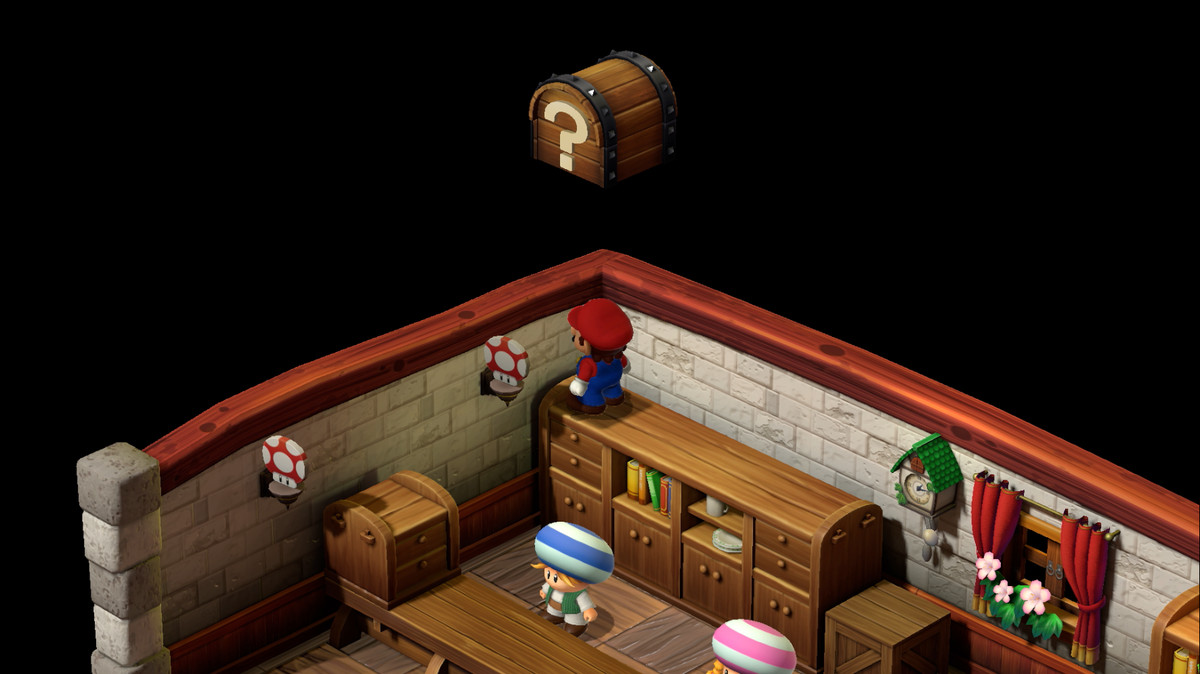 Mario stands on top of bookshelves behind a shopkeeper in Super Mario RPG.
