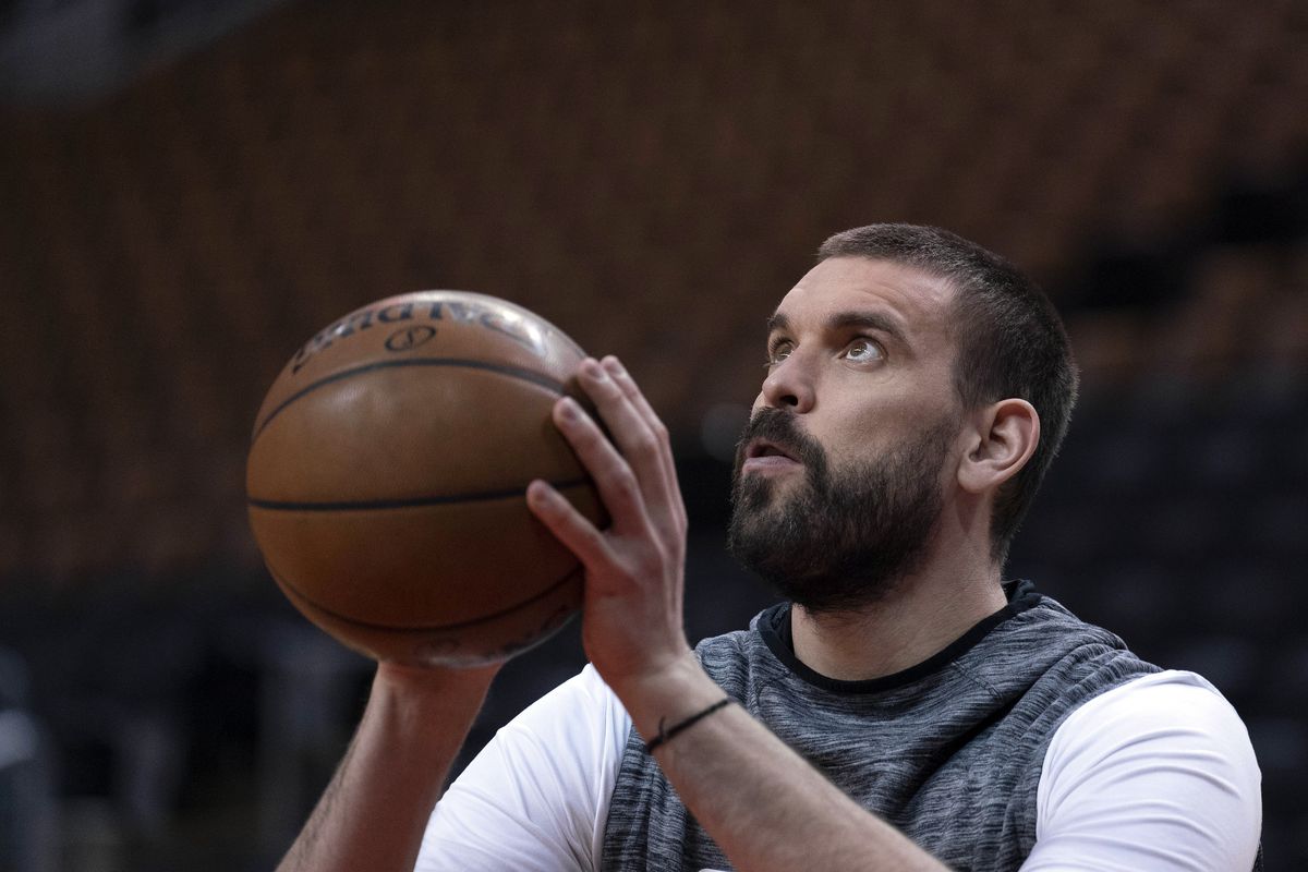 Toronto Raptors center Marc Gasol warms up against the Brooklyn Nets at Scotiabank Arena.&nbsp;
