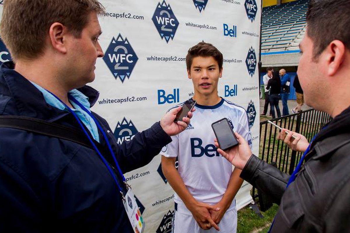 Kaiden Chung speaks to reporters after making his professional debut against the OC County Blues FC on September 15th, 2015.