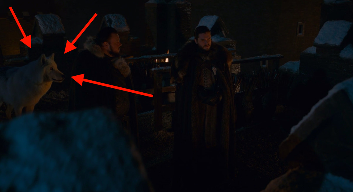 Game of Thrones season 8 episode 2 - Ghost, Sam, and Jon, with three arrows pointing at Ghost