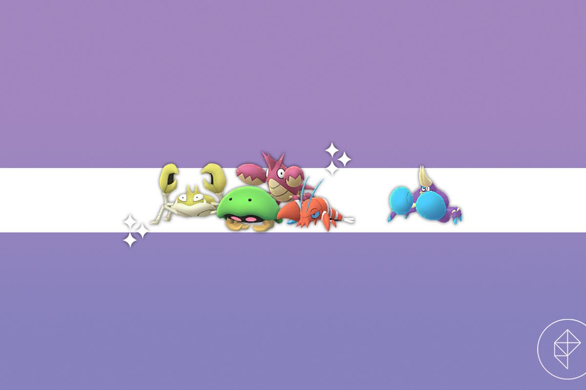 Shiny Krabby, Kabuto, Corphish, and Clauncher on the left with sparkles. A regular Crabrawler is on the right.