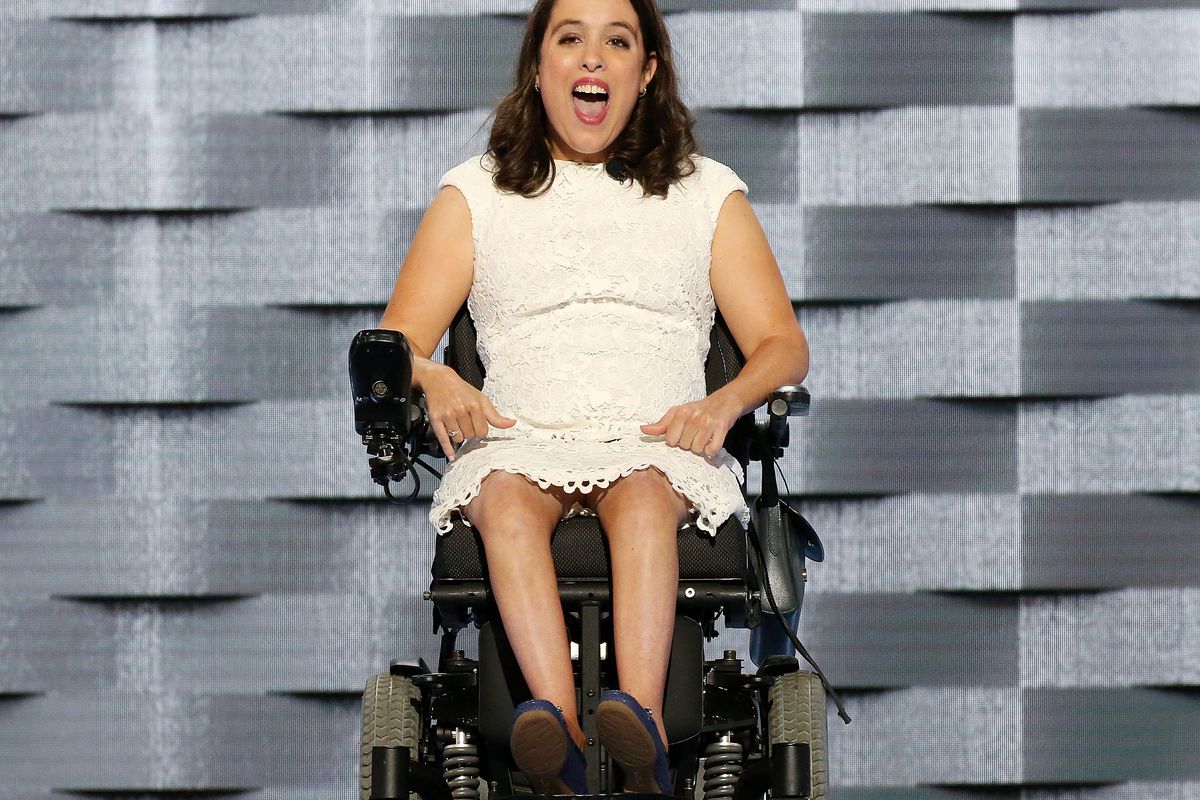 Anastasia Somoza, a disability rights advocate, speaks on the first day of the Democratic National Convention. She is sitting in a wheelchair.