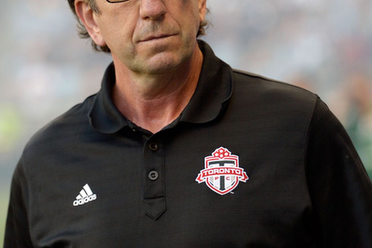 KANSAS CITY, KS - JUNE 16:  Head coach Paul Mariner of Toronto FC looks on from the sidelines during the MLS game against Sporting KC on June 16, 2012 at Livestrong Sporting Park in Kansas City, Kansas.  (Photo by Jamie Squire/Getty Images)