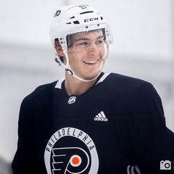 Philippe Myers (D) is all smiles before the next drill starts during day two of Flyers Rookie Camp.