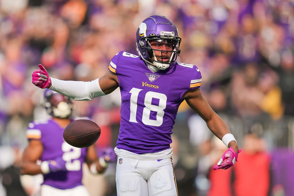 Minnesota Vikings wide receiver Justin Jefferson (18) celebrates his catch against the Arizona Cardinals in the first quarter at U.S. Bank Stadium.