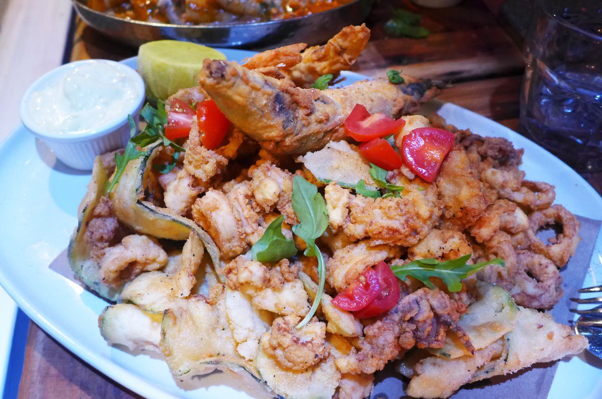 A giant pile of fried seafood.