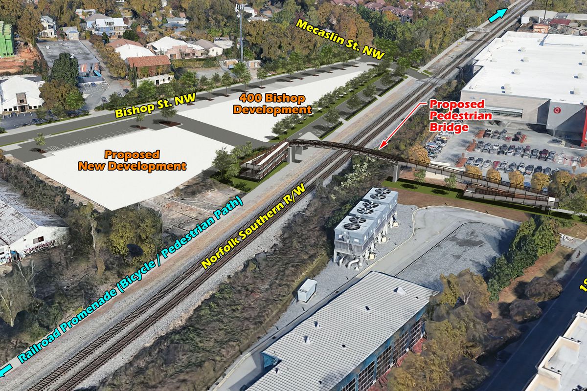 A rendering of the bridge arched over the railroad tracks, superimposed on a 3D map of the area.