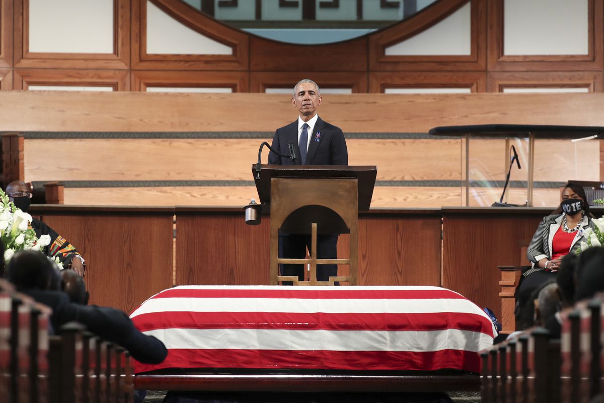 Former President Barack Obama at the pulpit of John Lewis’s funeral.