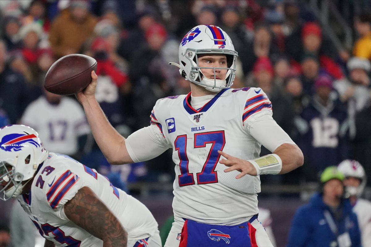 Buffalo Bills quarterback Josh Allen throws a pass against the New England Patriots in the second quarter at Gillette Stadium.