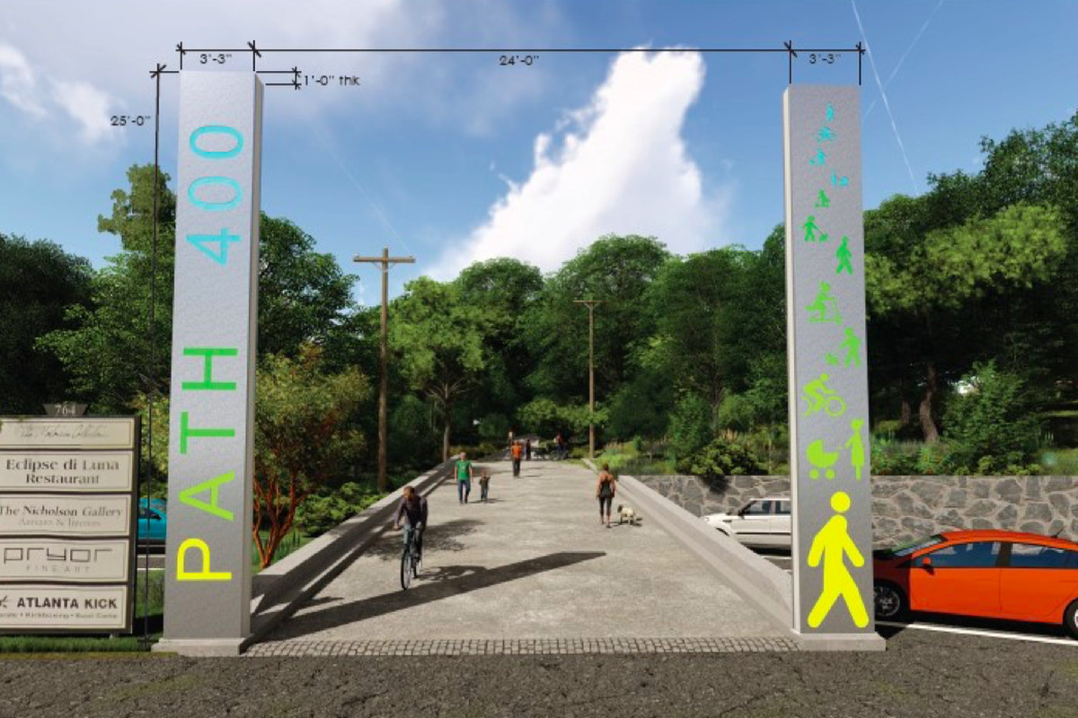 A metal modern gateway for a trail with users on it, in renderings.