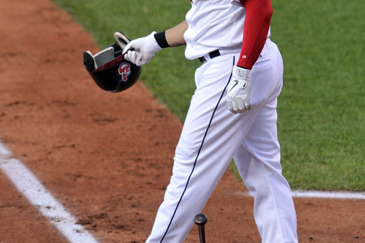 Jul 2, 2012; Cleveland, OH, USA; Cleveland Indians right fielder Shin-Soo Choo (17) drops his bat and helmet after striking out in the third inning against the Los Angeles Angels at Progressive Field. Mandatory Credit: David Richard-US PRESSWIRE